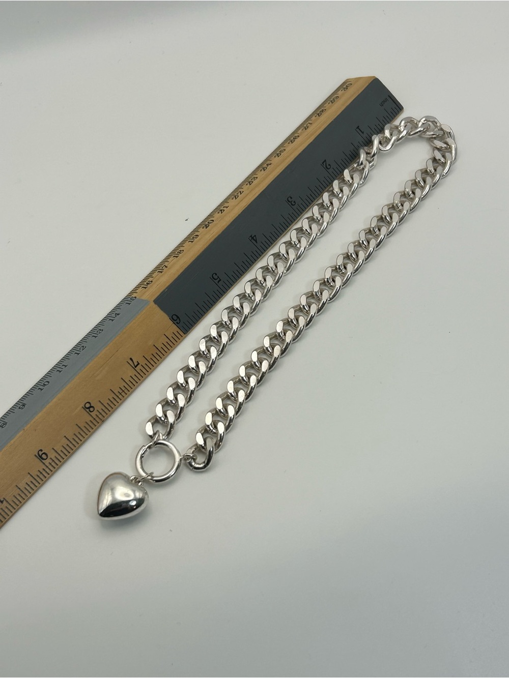 Puffy Heart Charm Curb Chain Necklace Chunky 16" Unsigned Silver-tone - Picture 8 of 12